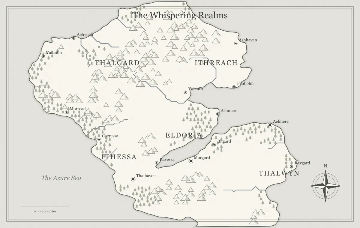 Original black-and-white ink fantasy world map with named regions, towns, coastlines and terrain, used for fantasy map generator seeds: recreate and share a world
