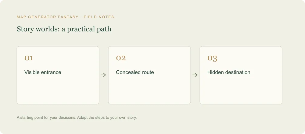 Three-step diagram: Visible entrance, then Concealed route, then Hidden destination