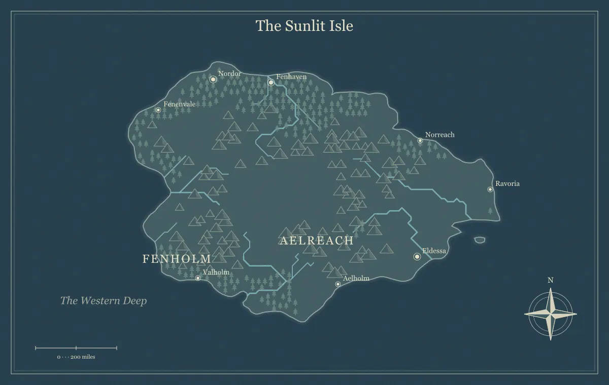Original nightfall fantasy island map with named regions, towns, coastlines and terrain, used for map hidden realms, secret valleys, and lost islands