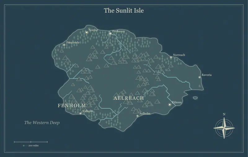 Original nightfall fantasy island map with named regions, towns, coastlines and terrain, used for map hidden realms, secret valleys, and lost islands