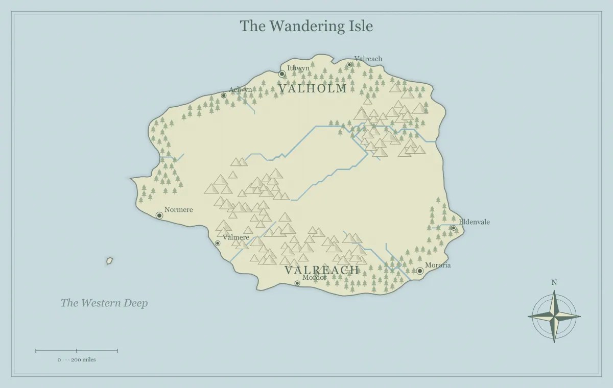 Original watercolor fantasy island map with named regions, towns, coastlines and terrain, used for choose island shapes for different fantasy stories