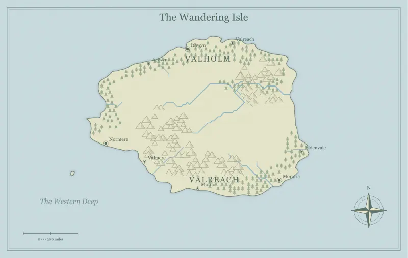 Original watercolor fantasy island map with named regions, towns, coastlines and terrain, used for choose island shapes for different fantasy stories