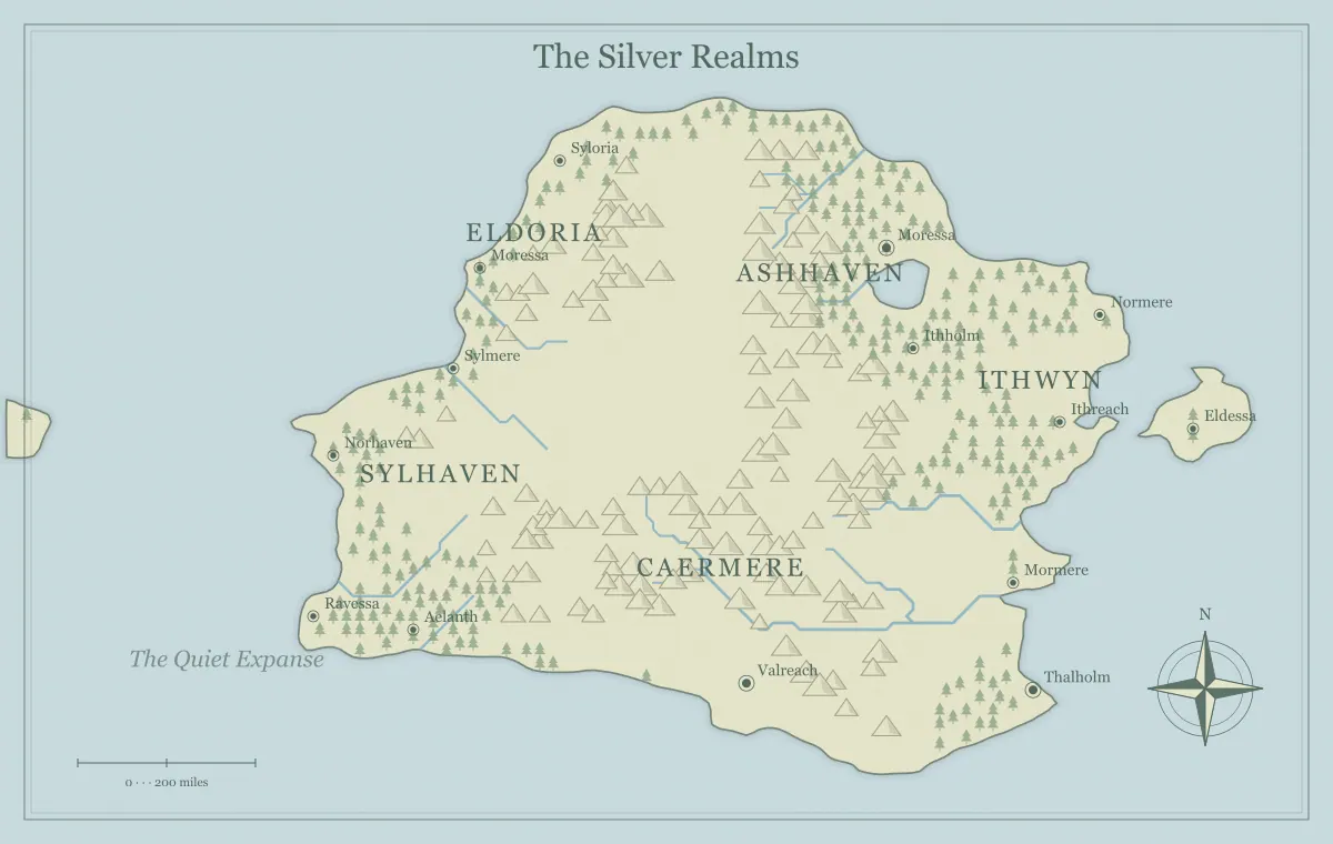 Original watercolor fantasy continent map with named regions, towns, coastlines and terrain, used for map a character’s journey without flattening the story