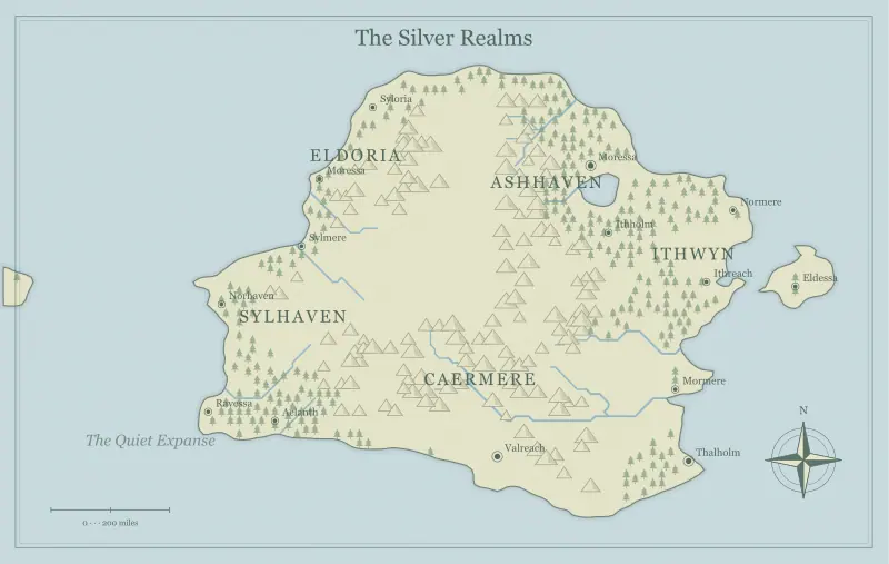 Original watercolor fantasy continent map with named regions, towns, coastlines and terrain, used for map a character’s journey without flattening the story