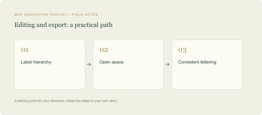 Three-step diagram: Label hierarchy, then Open space, then Consistent lettering