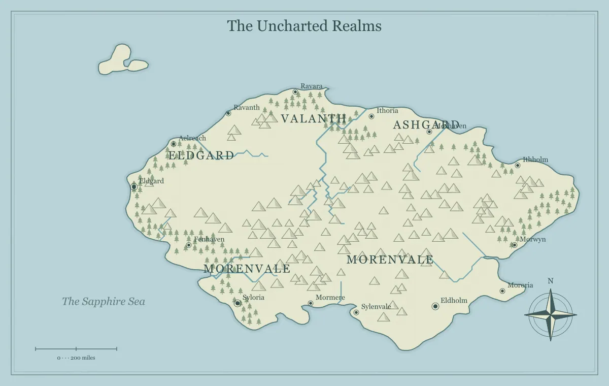 Original classic atlas fantasy continent map with named regions, towns, coastlines and terrain, used for make fantasy map labels clear and beautiful