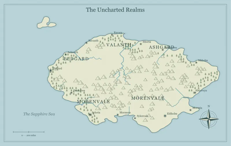 Original classic atlas fantasy continent map with named regions, towns, coastlines and terrain, used for make fantasy map labels clear and beautiful