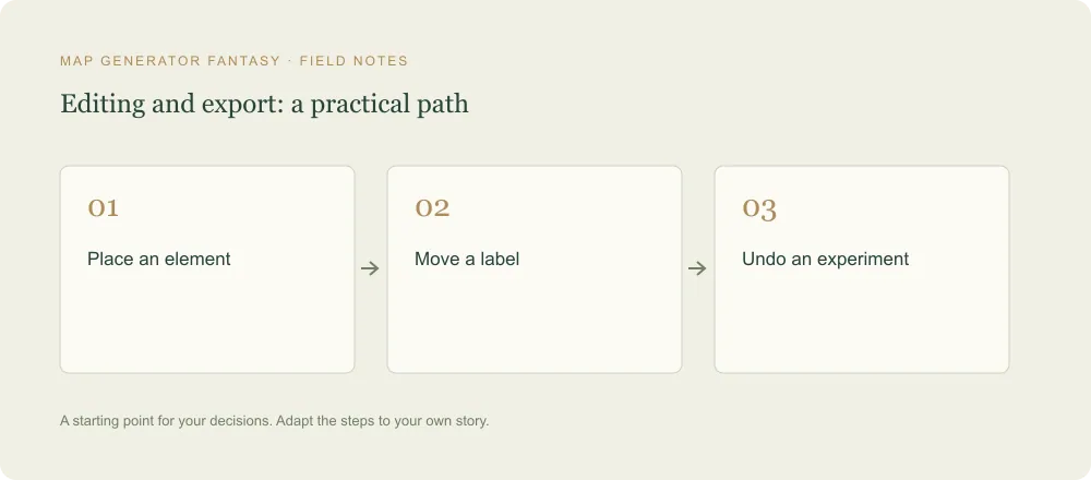 Three-step diagram: Place an element, then Move a label, then Undo an experiment