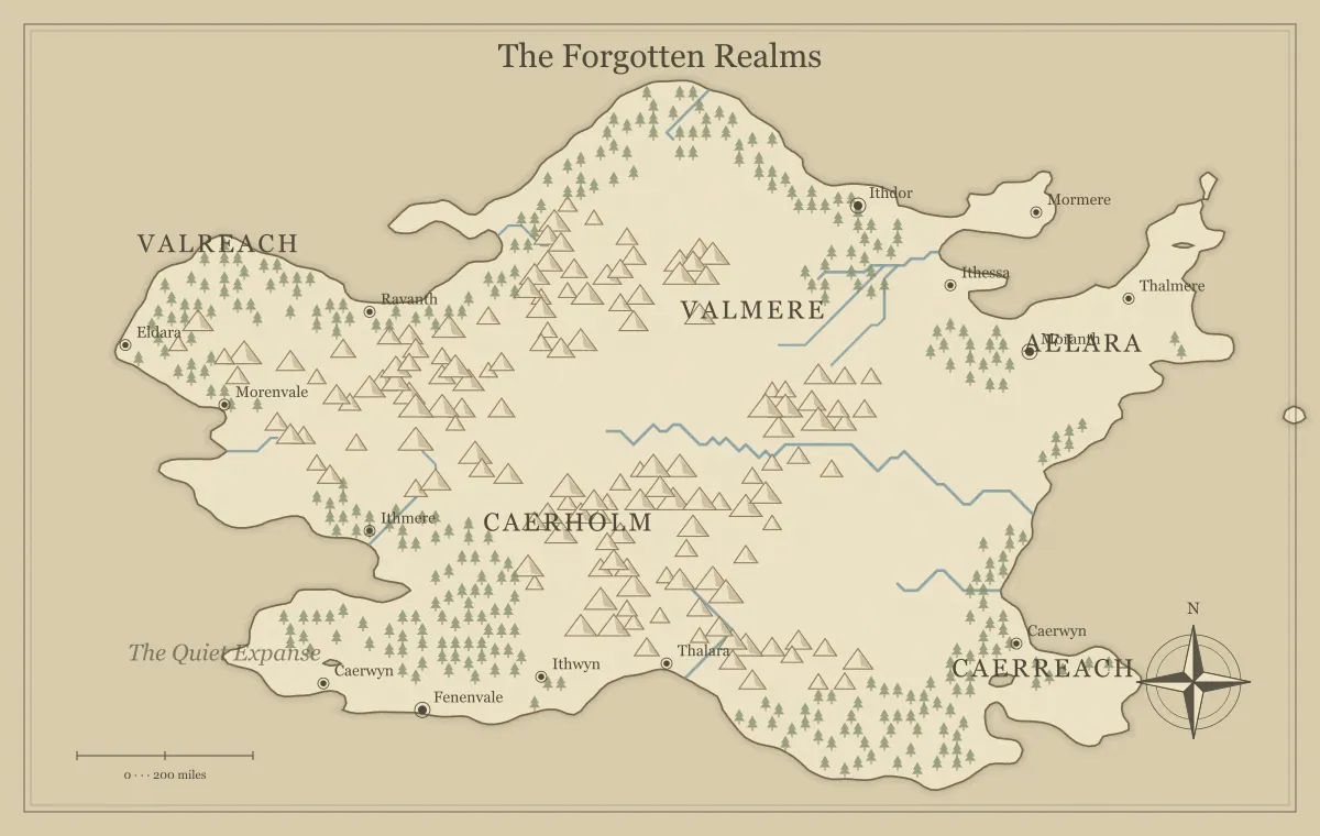 Original parchment fantasy continent map with named regions, towns, coastlines and terrain, used for edit fantasy map landmarks, labels, and custom details
