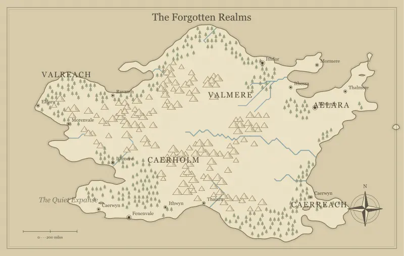 Original parchment fantasy continent map with named regions, towns, coastlines and terrain, used for edit fantasy map landmarks, labels, and custom details