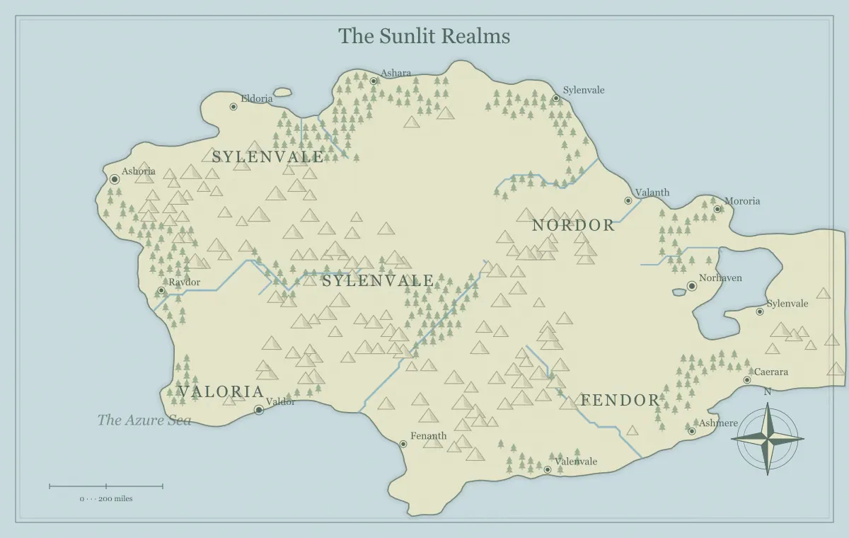 Original watercolor fantasy world map with named regions, towns, coastlines and terrain, used for make magical geography follow your world’s own rules
