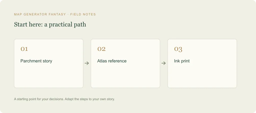 Three-step diagram: Parchment story, then Atlas reference, then Ink print