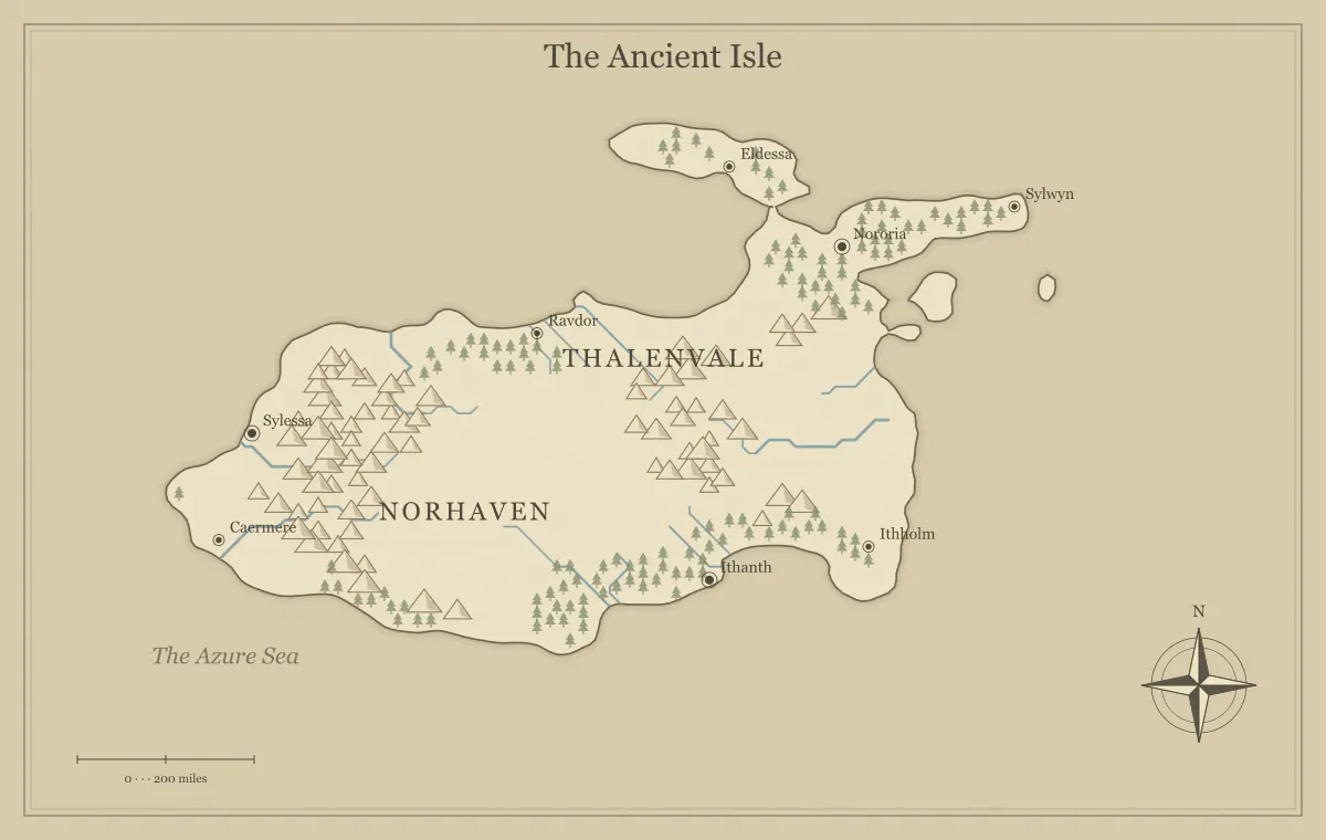 Original parchment fantasy island map with named regions, towns, coastlines and terrain, used for choose an art style for your fantasy map maker