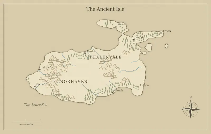 Original parchment fantasy island map with named regions, towns, coastlines and terrain, used for choose an art style for your fantasy map maker