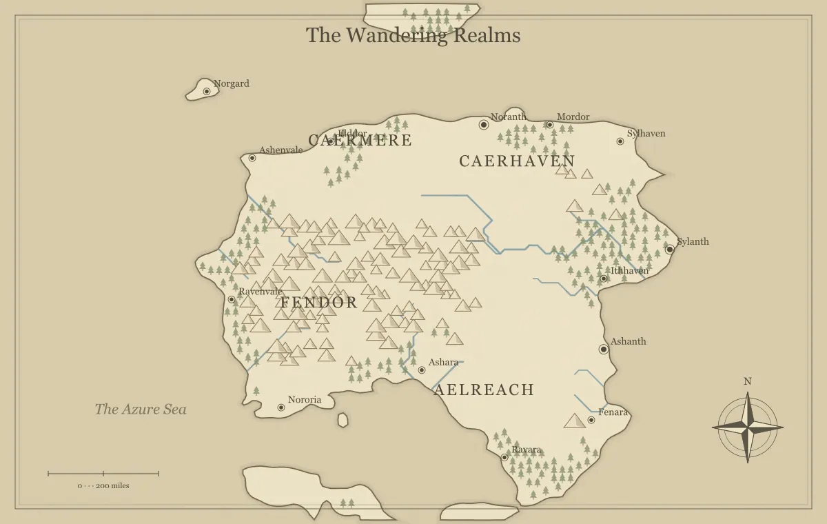 Original parchment fantasy continent map with named regions, towns, coastlines and terrain, used for use a fantasy map maker to plan a novel’s setting