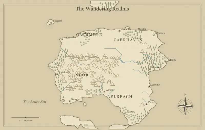 Original parchment fantasy continent map with named regions, towns, coastlines and terrain, used for use a fantasy map maker to plan a novel’s setting