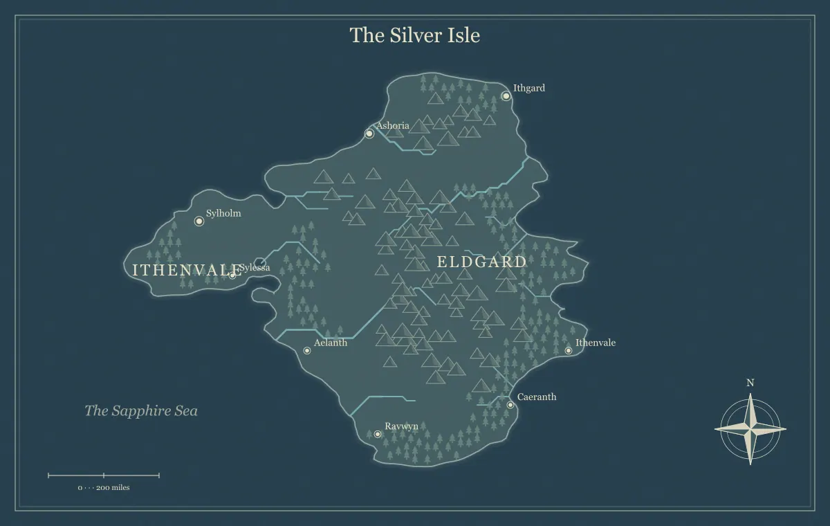 Original nightfall fantasy island map with named regions, towns, coastlines and terrain, used for use a fantasy map maker on a phone or tablet