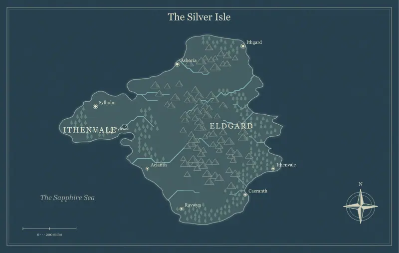 Original nightfall fantasy island map with named regions, towns, coastlines and terrain, used for use a fantasy map maker on a phone or tablet
