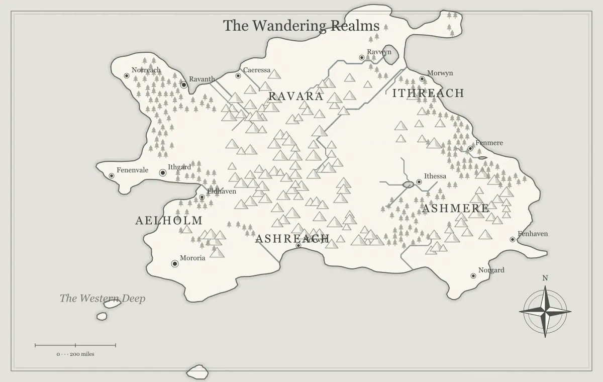 Original black-and-white ink fantasy continent map with named regions, towns, coastlines and terrain, used for design fantasy maps that work in black and white
