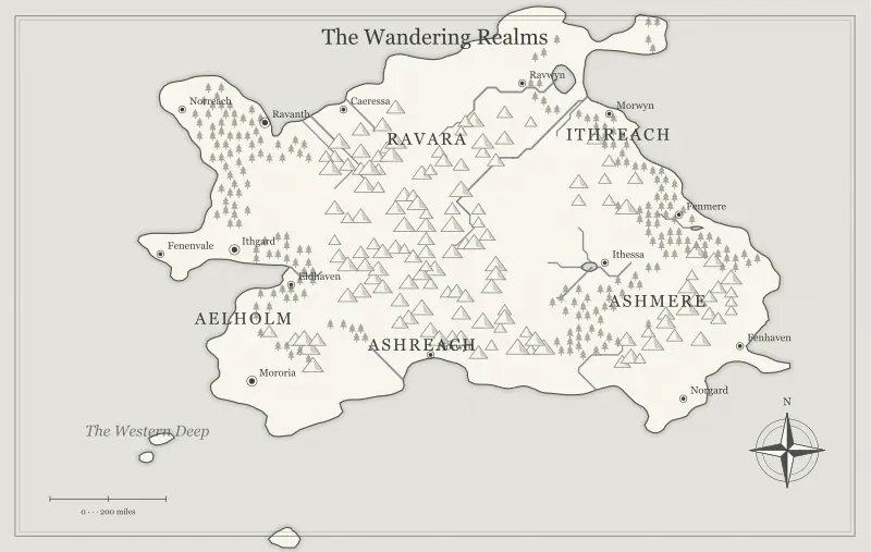 Original black-and-white ink fantasy continent map with named regions, towns, coastlines and terrain, used for design fantasy maps that work in black and white
