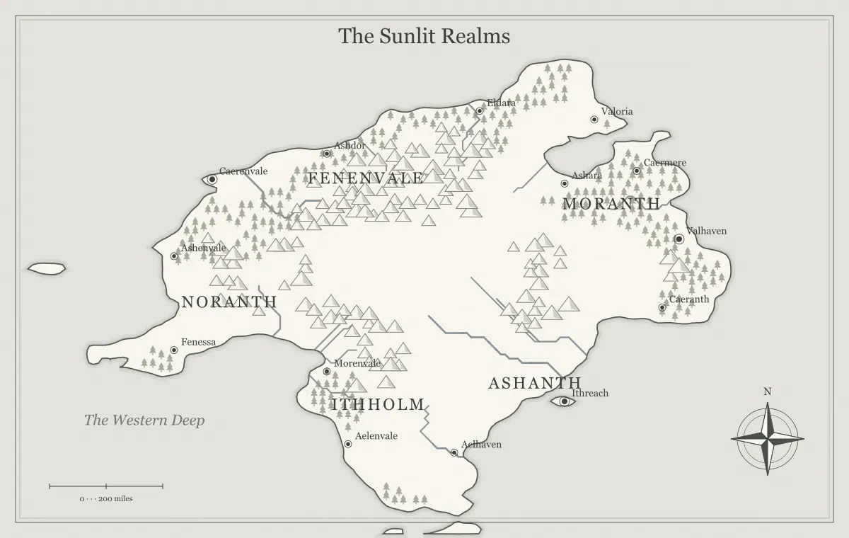 Original black-and-white ink fantasy continent map with named regions, towns, coastlines and terrain, used for use mountain ranges to shape a fantasy world