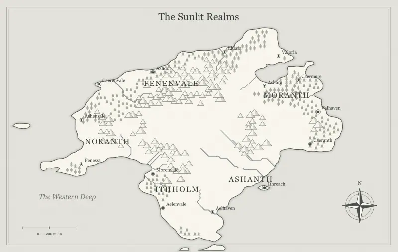 Original black-and-white ink fantasy continent map with named regions, towns, coastlines and terrain, used for use mountain ranges to shape a fantasy world