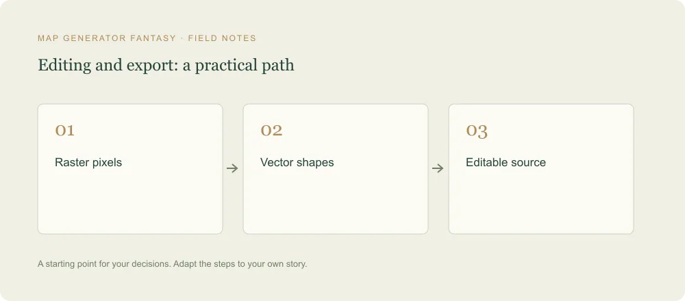 Three-step diagram: Raster pixels, then Vector shapes, then Editable source