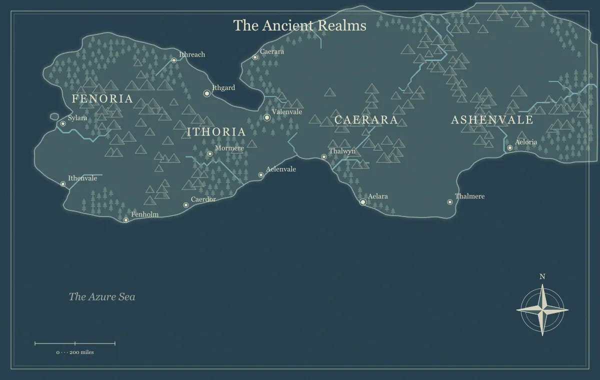Original nightfall fantasy world map with named regions, towns, coastlines and terrain, used for build fantasy kingdoms around geography and conflict
