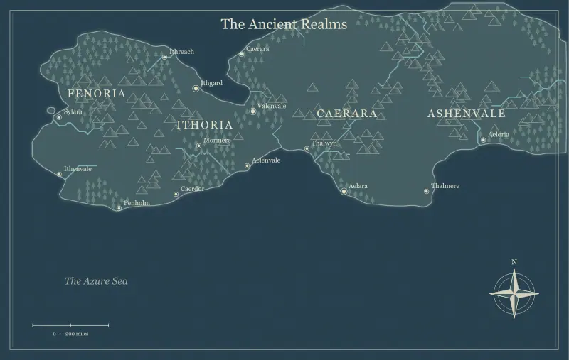 Original nightfall fantasy world map with named regions, towns, coastlines and terrain, used for build fantasy kingdoms around geography and conflict
