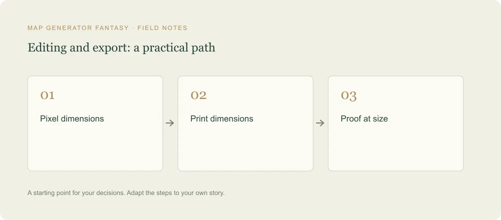 Three-step diagram: Pixel dimensions, then Print dimensions, then Proof at size