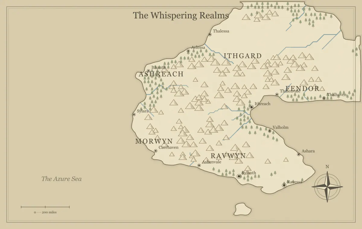 Original parchment fantasy world map with named regions, towns, coastlines and terrain, used for print a fantasy map at the right size and resolution