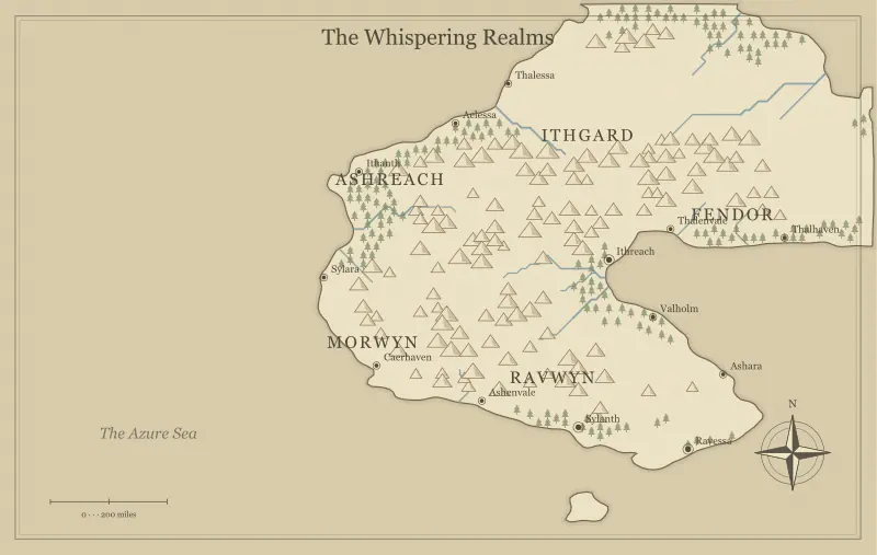 Original parchment fantasy world map with named regions, towns, coastlines and terrain, used for print a fantasy map at the right size and resolution