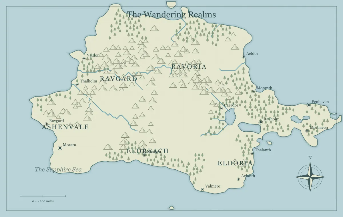 Original classic atlas fantasy continent map with named regions, towns, coastlines and terrain, used for design rivers that make your fantasy map believable