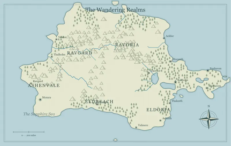Original classic atlas fantasy continent map with named regions, towns, coastlines and terrain, used for design rivers that make your fantasy map believable