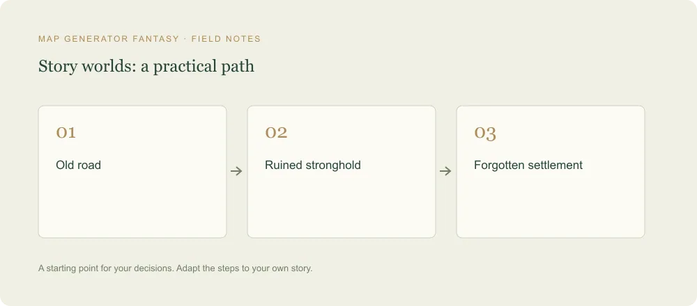 Three-step diagram: Old road, then Ruined stronghold, then Forgotten settlement