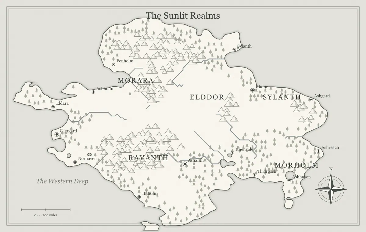 Original black-and-white ink fantasy continent map with named regions, towns, coastlines and terrain, used for add ruins and landmarks that give a map history