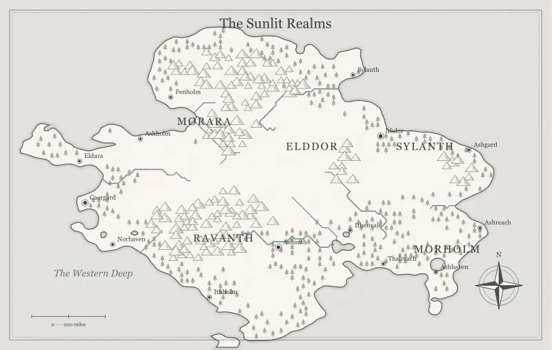 Original black-and-white ink fantasy continent map with named regions, towns, coastlines and terrain, used for add ruins and landmarks that give a map history