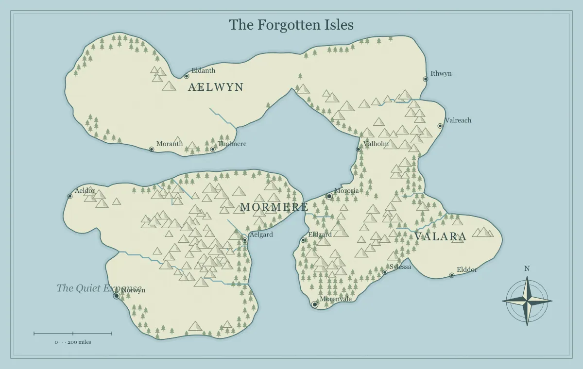 Original classic atlas fantasy archipelago map with named regions, towns, coastlines and terrain, used for save, reopen, and version your editable fantasy map
