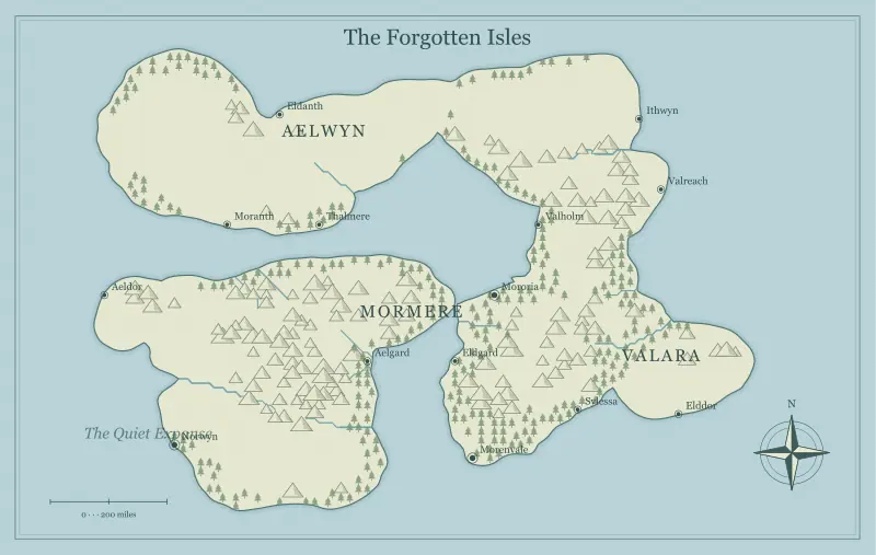 Original classic atlas fantasy archipelago map with named regions, towns, coastlines and terrain, used for save, reopen, and version your editable fantasy map
