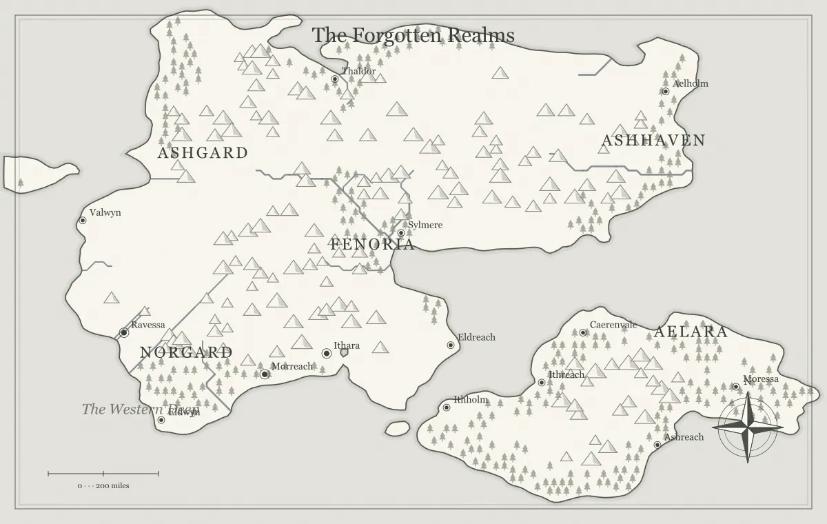 Original black-and-white ink fantasy world map with named regions, towns, coastlines and terrain, used for set a useful scale for your fantasy map