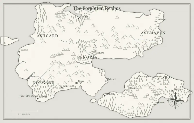 Original black-and-white ink fantasy world map with named regions, towns, coastlines and terrain, used for set a useful scale for your fantasy map