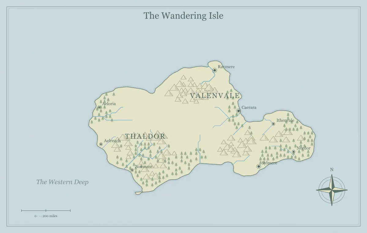 Original watercolor fantasy island map with named regions, towns, coastlines and terrain, used for share a fantasy map link without losing your edits