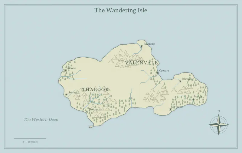 Original watercolor fantasy island map with named regions, towns, coastlines and terrain, used for share a fantasy map link without losing your edits