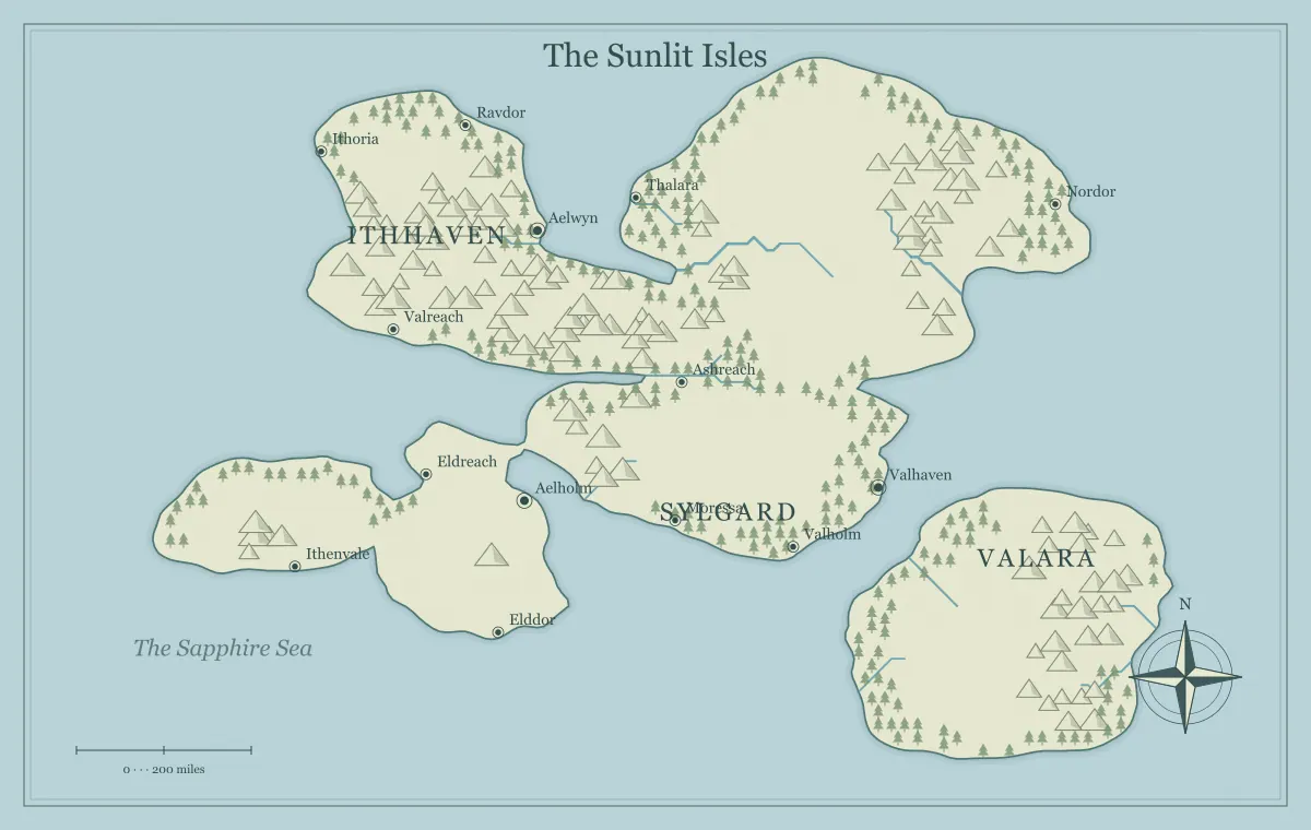Original classic atlas fantasy archipelago map with named regions, towns, coastlines and terrain, used for design trade routes for a living fantasy world