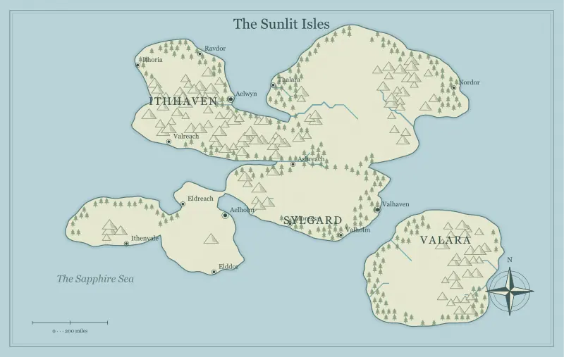 Original classic atlas fantasy archipelago map with named regions, towns, coastlines and terrain, used for design trade routes for a living fantasy world