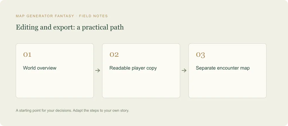 Three-step diagram: World overview, then Readable player copy, then Separate encounter map