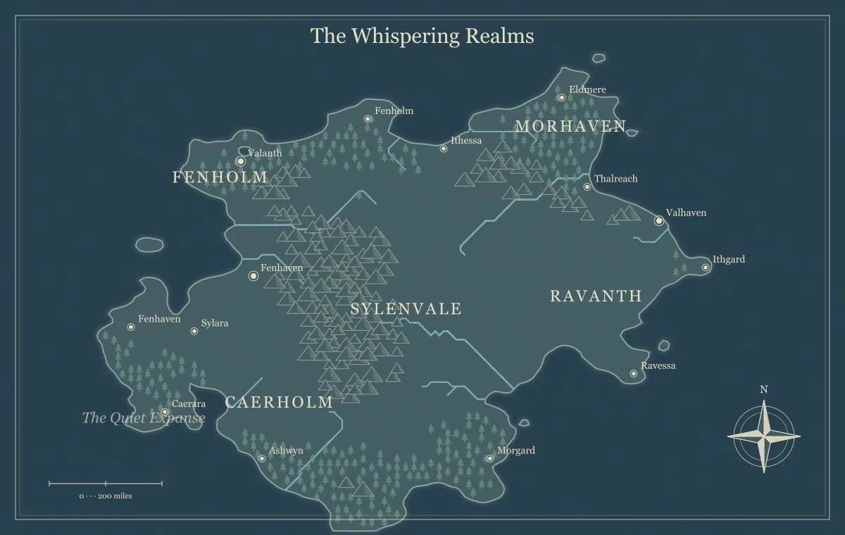 Original nightfall fantasy continent map with named regions, towns, coastlines and terrain, used for prepare a fantasy world map for a virtual tabletop