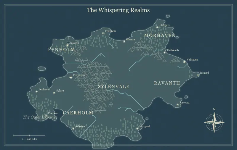 Original nightfall fantasy continent map with named regions, towns, coastlines and terrain, used for prepare a fantasy world map for a virtual tabletop