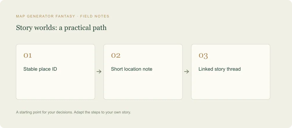 Three-step diagram: Stable place ID, then Short location note, then Linked story thread