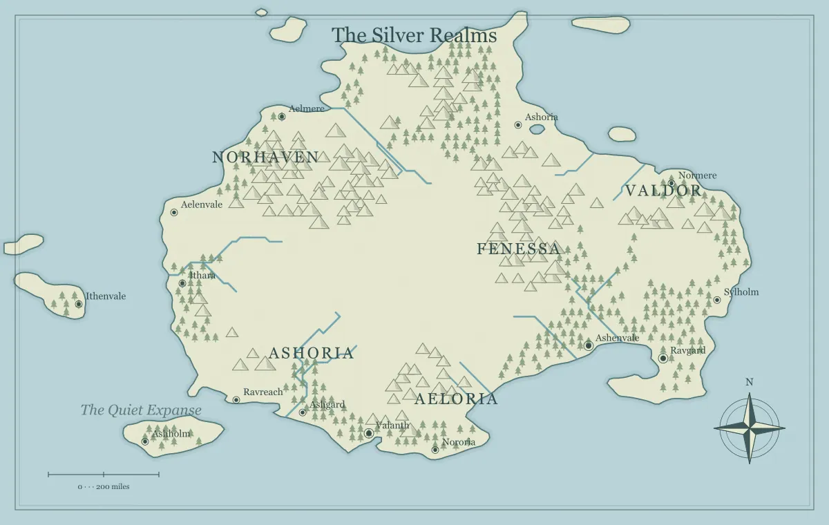 Original classic atlas fantasy continent map with named regions, towns, coastlines and terrain, used for turn a fantasy map into a useful worldbuilding notebook